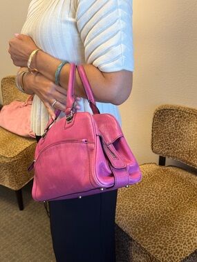💯 Authentic FRANCESCO BIASIA Pink Leather Bowler Satchel Bag w Silver Hardware